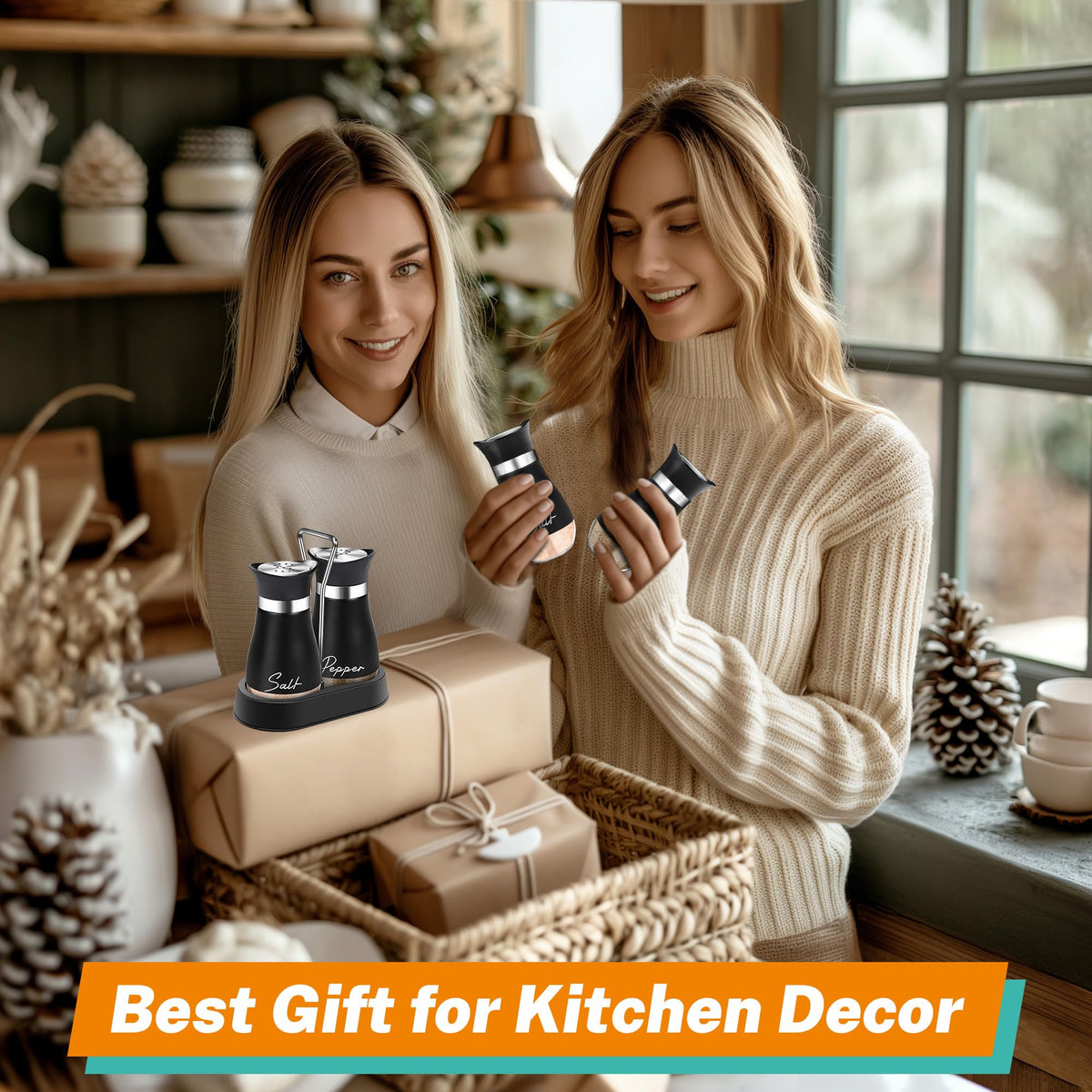 Black Salt and Pepper Shakers Set with Holder,4 oz kitchen accessories and decor for Restaurant, Wedding, Housewarming Gifts Refillable Design (Black)