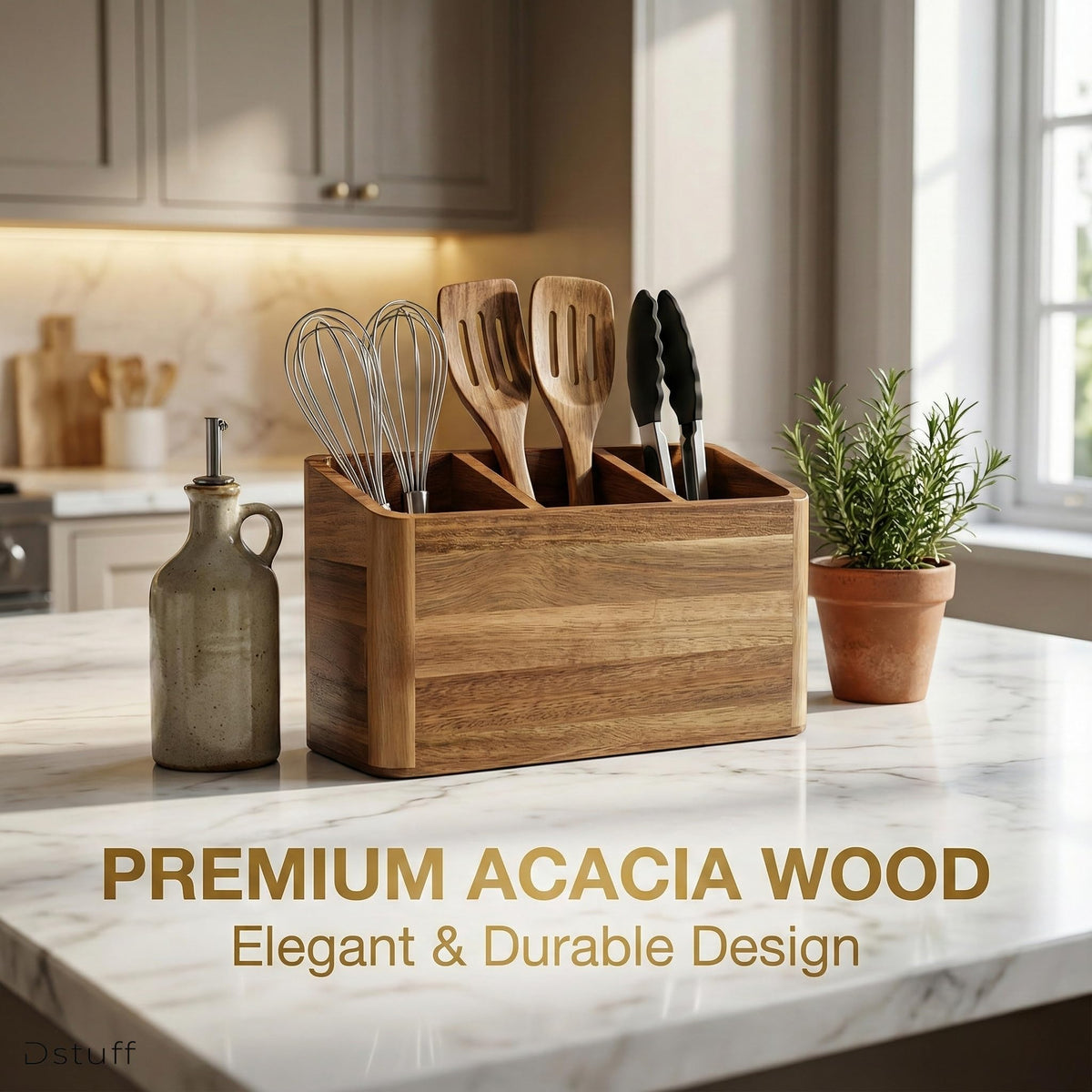 Dstuff Large Kitchen Utensil Holder Organizer for Counter or Countertop, Large Wooden Utensil Holder for Storage Cooking and Silverware with 3 Compartment, Acacia Rustic Wood Container Extra Large