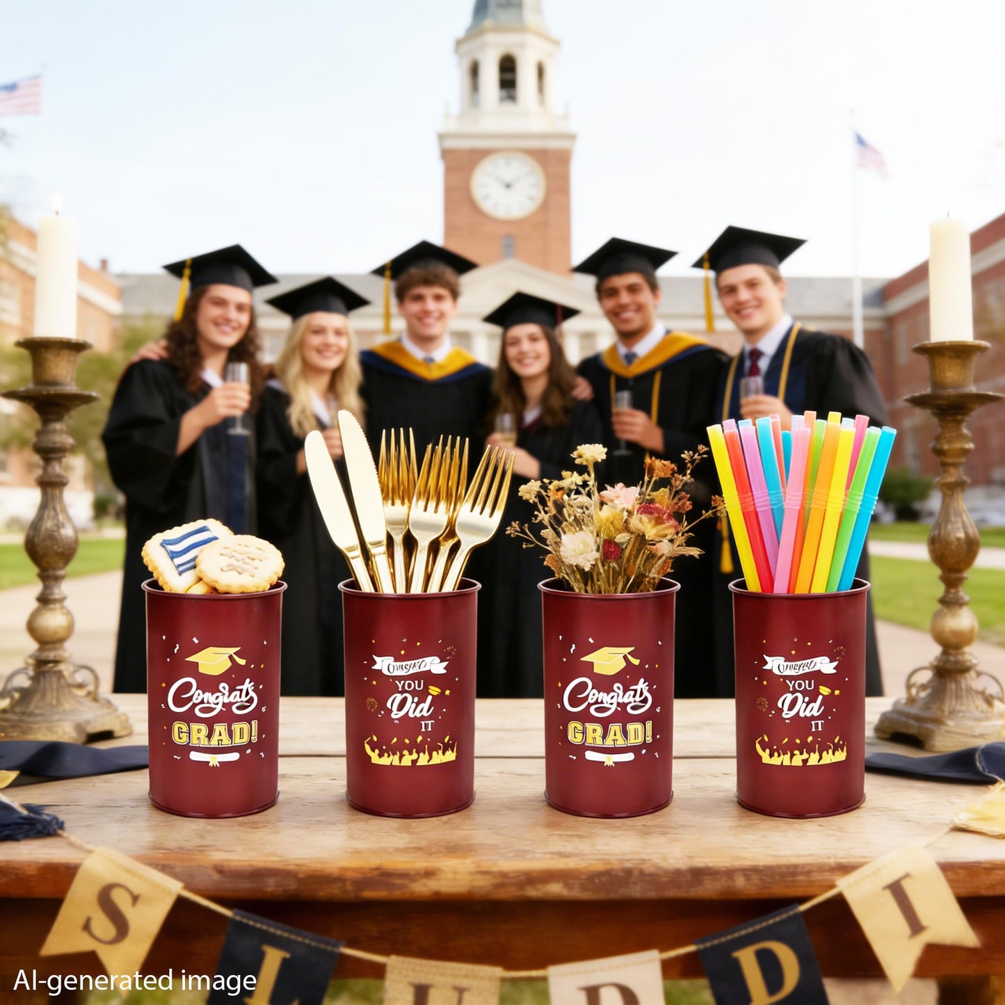 Pack of 6 Graduation Centerpieces Vase for Tables 2026, Galvanized Metal Tin Holder for Flowers Grad Caps Utensil, Congrats Grad Mason Jars for Home Party Decorations Supplies, Reddish Brown