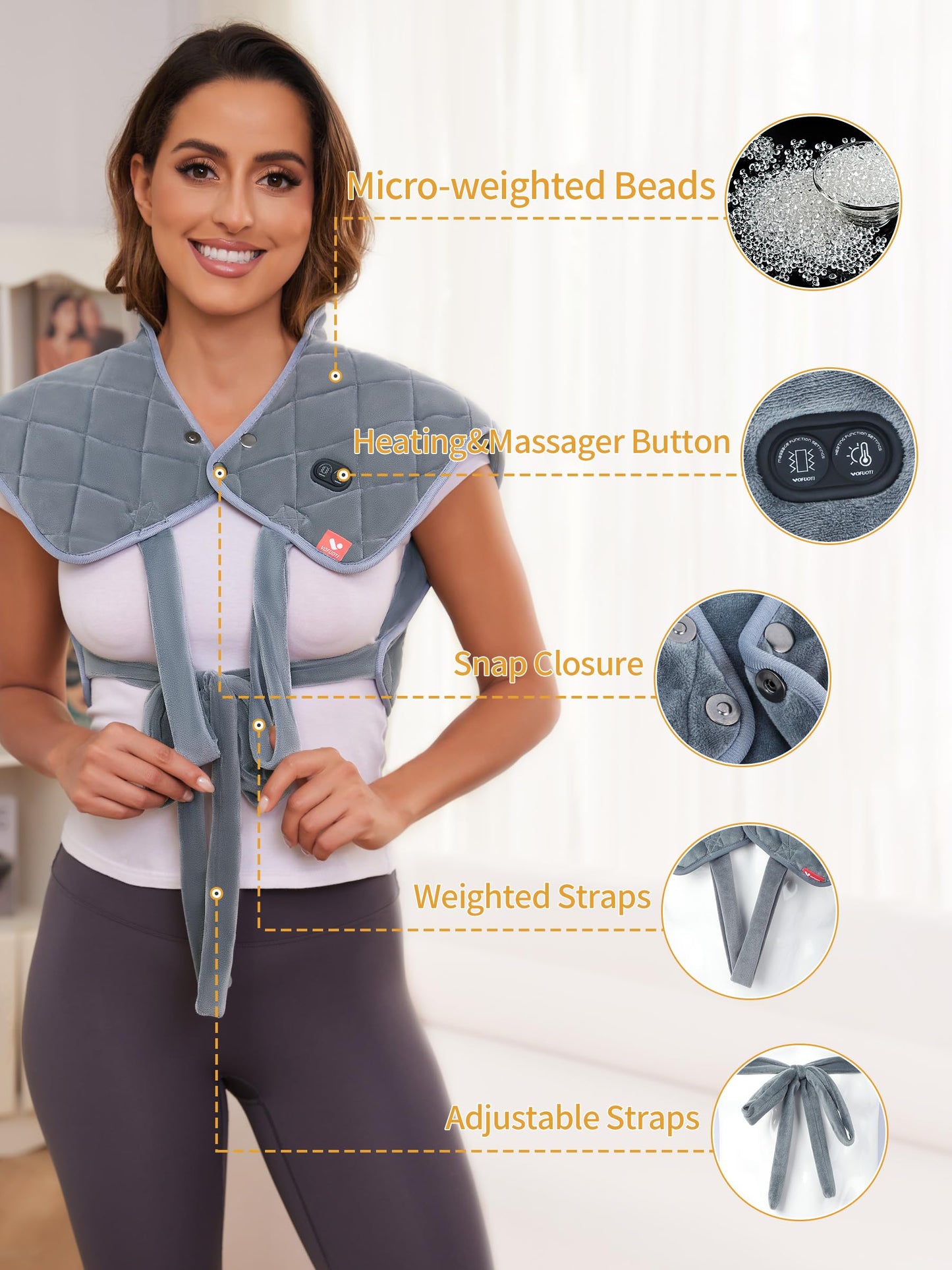 Vofuoti Heating Pad for Neck and Shoulders, Portable Heating Pad with Massager and Battery, Weighted Electric Heated Neck Shoulder Wrap, 16'' x 22'', 2.2lbs