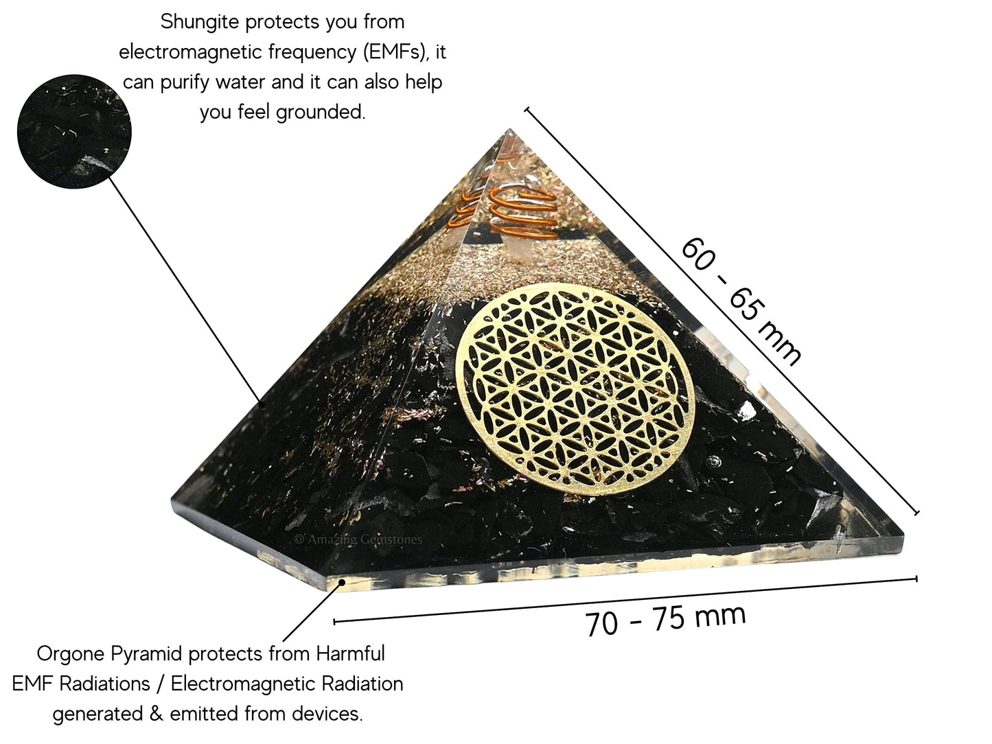 Amazing Gemstone Large Shungite Orgone Pyramid Crystal - Flower of Life Orgonite Pyramid - Positive Energy Healing