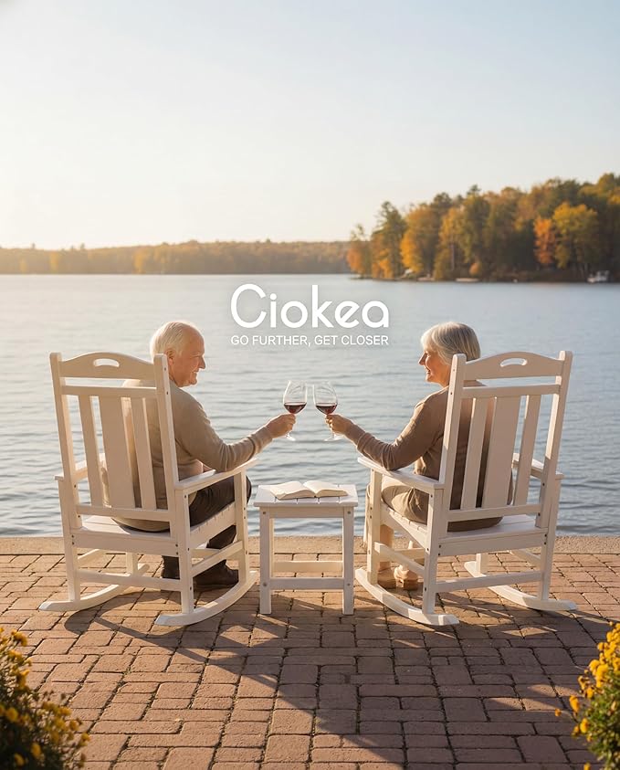 Ciokea Oversized Outdoor Rocking Chairs Set of 2, 380lbs Heavy-Duty Large Patio Rocker, High Back Cozy Porch Chairs, Weather Resistant Patio Rocking Chairs for Outside, Fire Pit, Deck, White