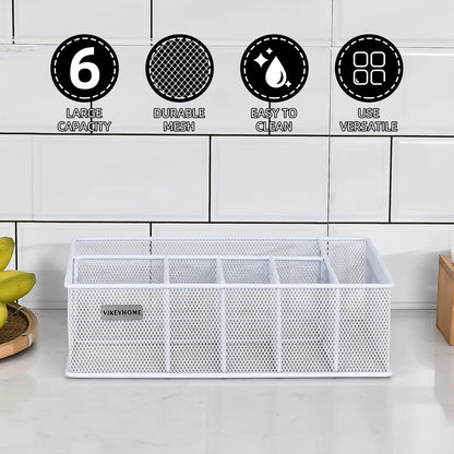 VIKEYHOME Paper Plate Organizer, Metal Silverware Caddy with 6 Compartments for Knives, Spoons, Cups, Forks, Napkins, Utensil Holder for Party, Camping, Picnic, White