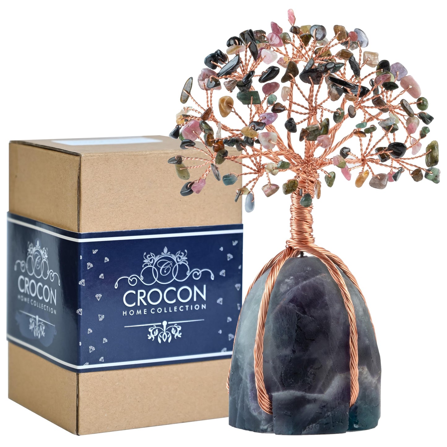 Crocon® Multi Tourmaline Crystals Tree with Fluorite Rough Base, Birthday Gifts for Women & Men, Room Decor, Healing Crystals Spiritual Gift, House Warming Gifts New Home, Birthday Gift - Mom Sister