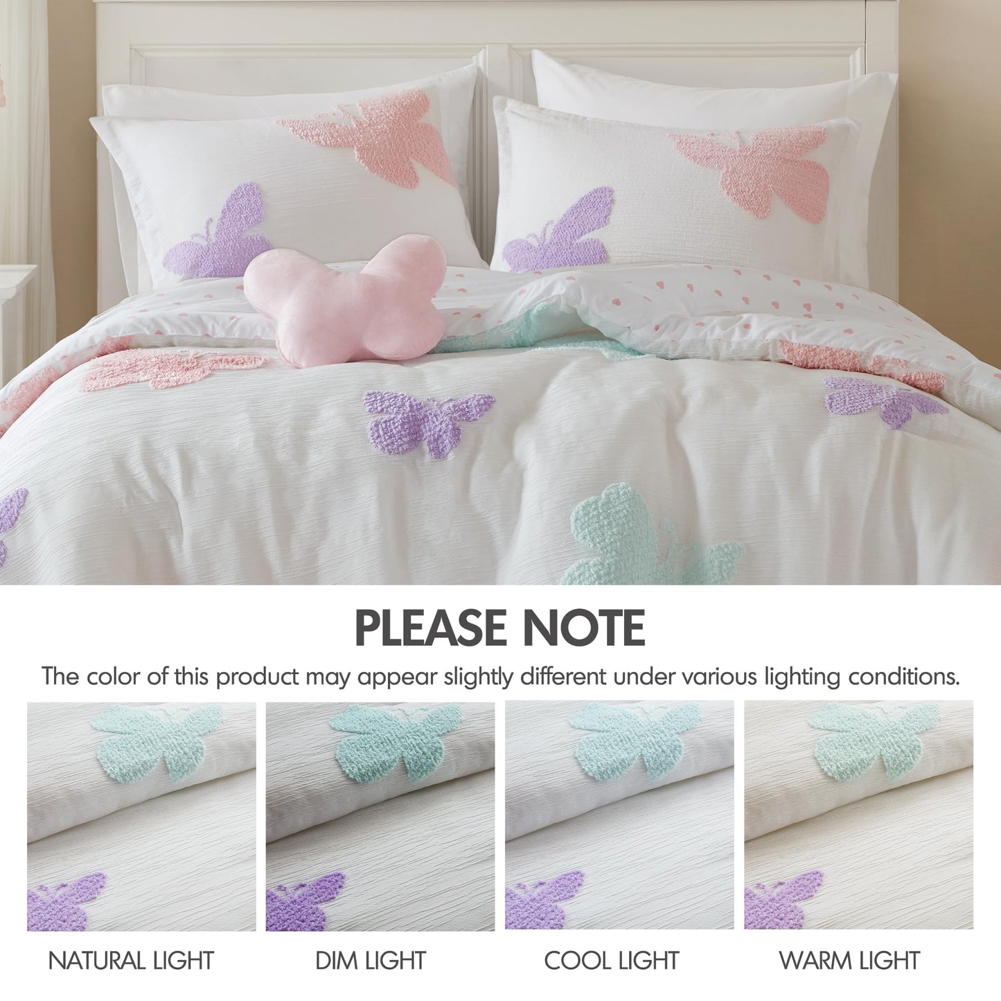 Intelligent Design Kids Rio Full/Queen Comforter Set – Girls’ Reversible Tufted Chenille Bedding with Pastel Purple Butterflies and Pink Dot, 4pcs