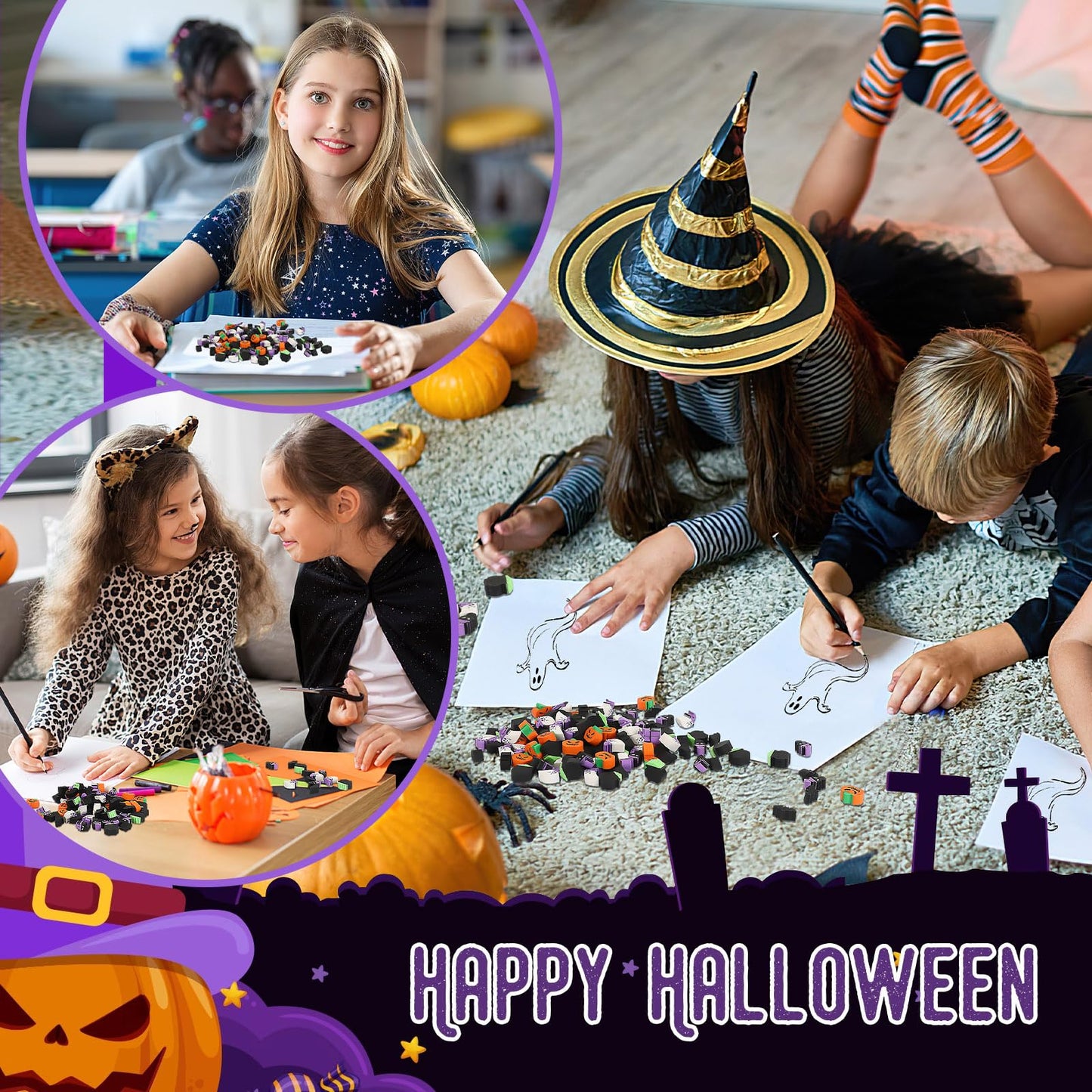 JUNEBRUSHS 150 Pcs Halloween Mini Erasers for Kids, Cute Small Erasers Bulk for Kids Trick or Treat Halloween Party Favors Goody Bag Filler Students School Decorations Classroom Rewards Prizes