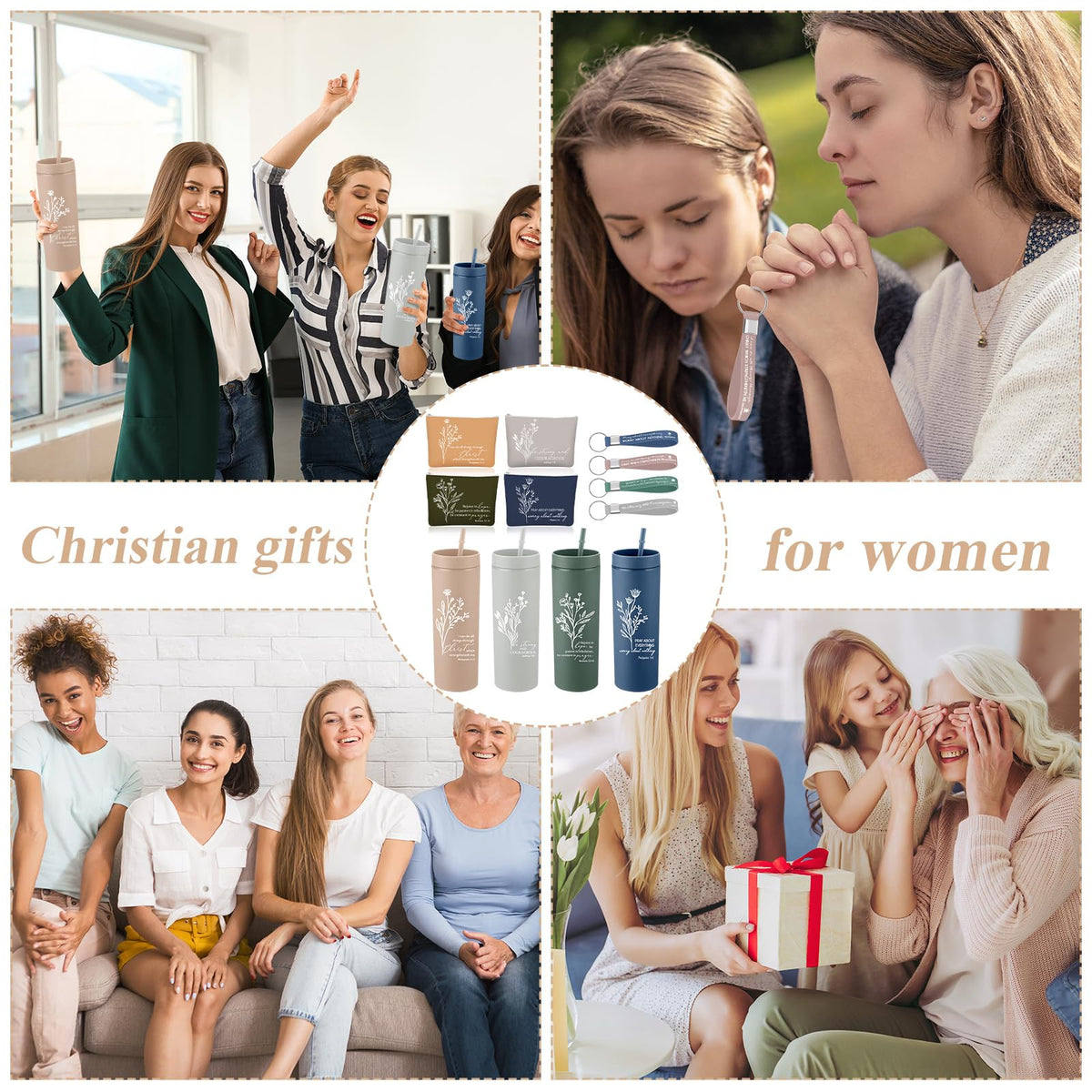 Fumete 4 Set Mothers Day Christian Gifts for Women 16oz Skinny Cup Religious Cosmetic Bag and Bible Verse Keychain Appreciation Church Gifts for Mom Grandma Teacher Dad(Classic Color,Floral)