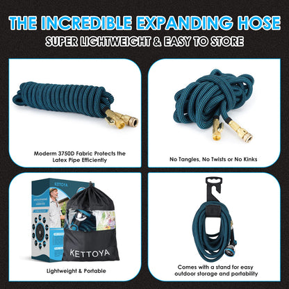 KETTOYA 100FT Expandable Garden Hose, Flexible Water Hose with 10-Pattern Spray Nozzle, Leak-Proof Retractable Heavy Duty Hose Pipe, 4-Layer Latex Core, Durable 3750D, Male Valve Connector, Kink-Free