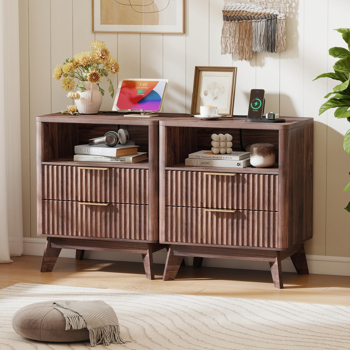 Baoz Walnut Fluted Nightstand with Charging Station & 2 Drawers for Bedroom