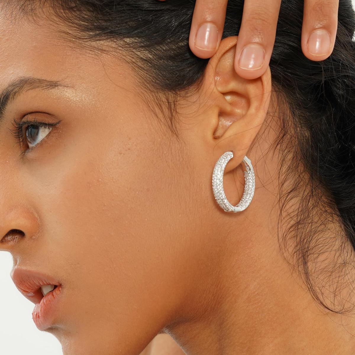 TOPGRILLZ Iced Out Hoop Earrings Cubic Zirconia Huggie Cartilage Cuff Hypoallergenic 14K Gold Plated Luxury Fashion Round Circle Earrings For Women-29mmSilver