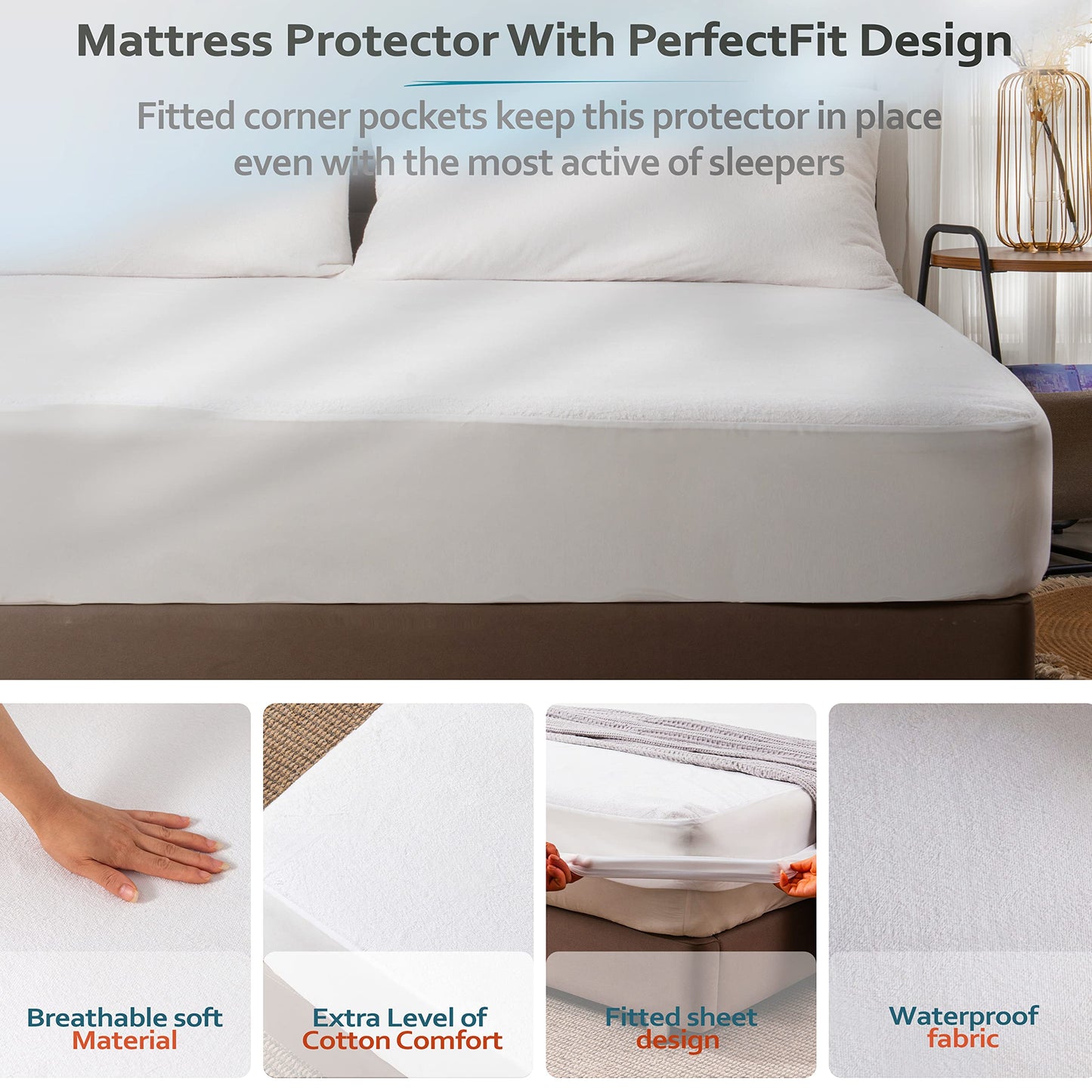 PlushDeluxe Full Mattress Protector, Breathable Soft Terry Cotton Fitted Sheet Bed Cover with Deep Stretchable Pockets, 100% Waterproof, Noiseless, Hypoallergenic, Dust Mite Proof, 54"x75"x15"