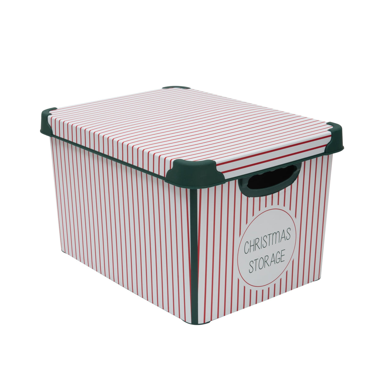 Simplify Christmas Stripe Design Holiday Tote Bin Ornament Storage | Holds 60 Ornaments | Removeable Lid | Easy Carry Handles | Christmas Storage | Green