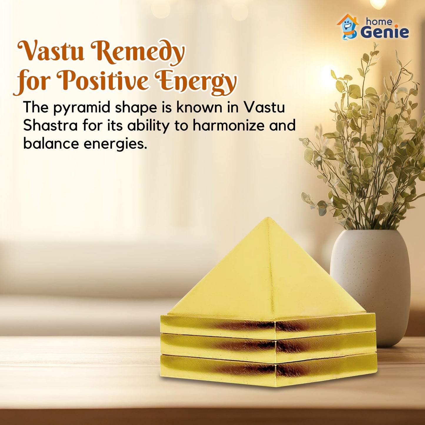 Home Genie 3 Layer Brass Pyramid for Vastu Correction, Positive Energy, and Home Décor – Handmade Spiritual Tool (3x3cm)