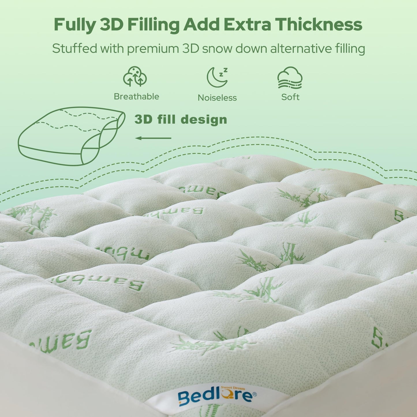 BEDLORE Queen Mattress Topper Viscose Derived from Bamboo, Thick Pillow Top Mattress Pad with Stretchable Pockets for 6-18 inches Mattress, Soft Mattress Topper for Back Pain Relief