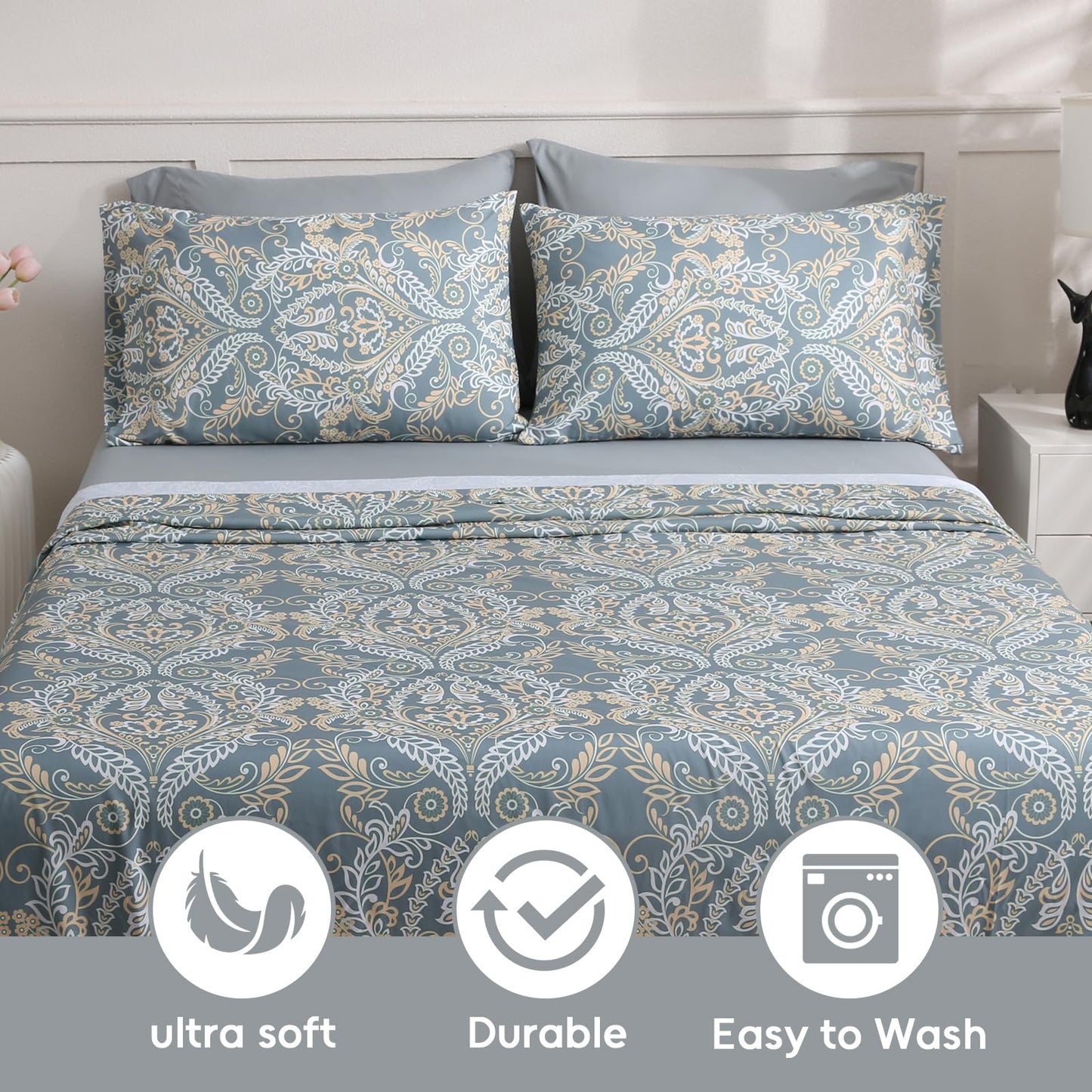 LONAVA Paisley King Size 6 Pcs Sheet Set, Breathable Microfiber Deep Pocket Grey Fitted Sheets, Comfy & Breathable Patterned Flat Sheets,4 Gentle Soft Pillowcases, Green Pasliey