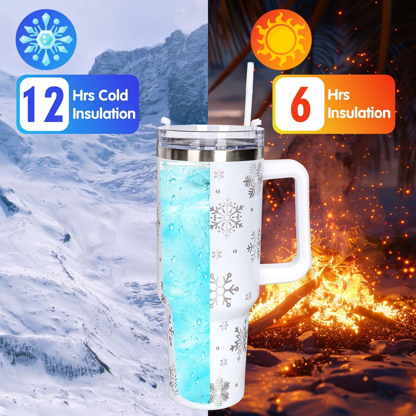Whaline 40oz Christmas Tumbler with Handle Straw and Lid Snowflake Travel Coffee Tumbler Cup for Xmas Winter Holiday Birthday Party Gift