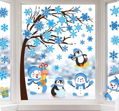Whaline 6 Sheet Large Winter Window Clings Christmas Snowflake Tree Snowman Penguin Reusable Window Decals for Xmas Party Home Glass Decor (Blue)