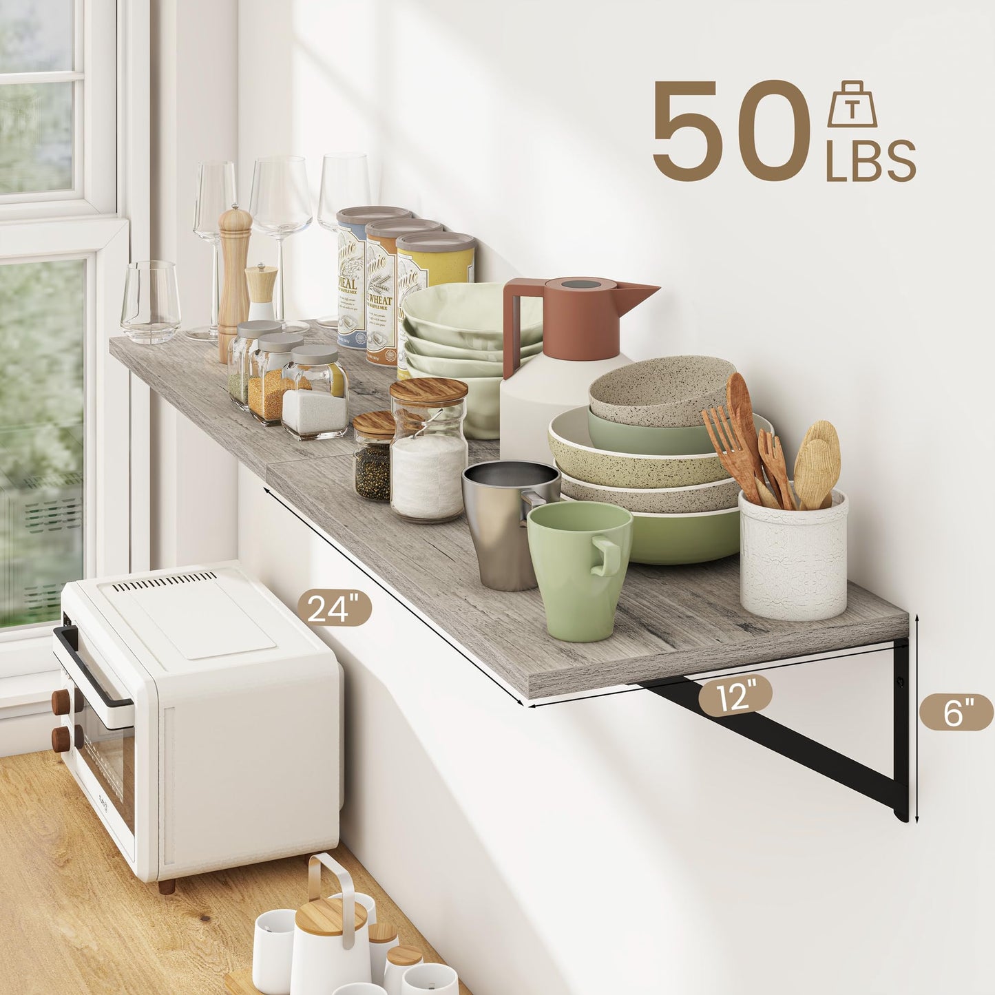 Dreamland Deep Floating Shelves for Wall, Grey Wood Wall Mounted Shelves, Large Floating Shelf 12 * 24 inchSet of 2 for Bookshelf Living Room Bedroom Home Office Bathroom
