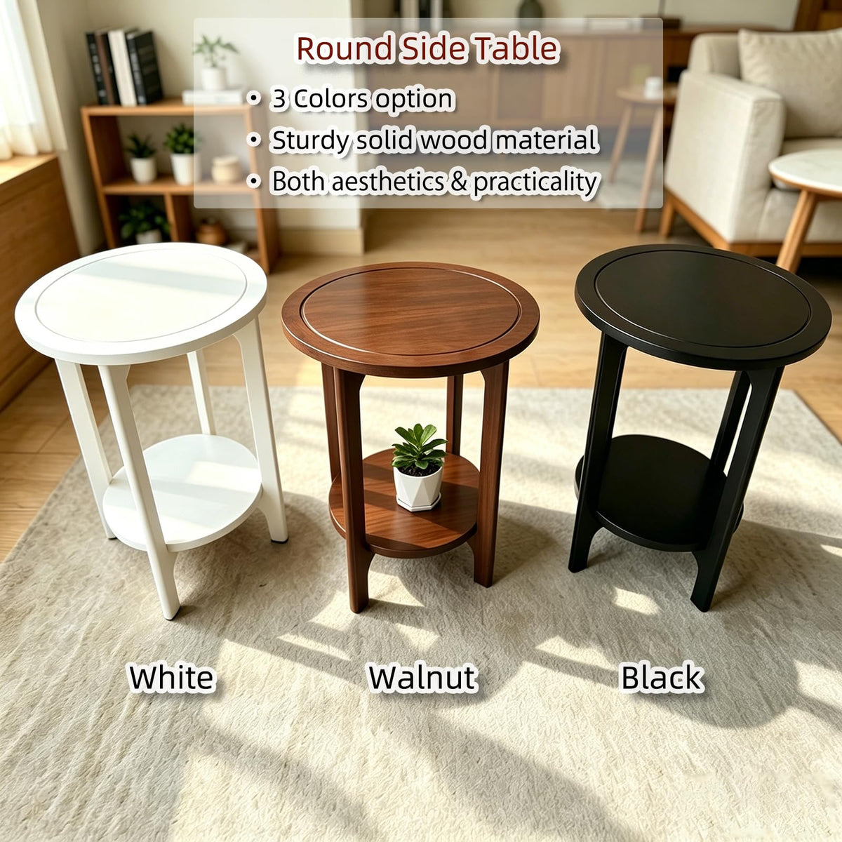 Small Round Side Table, 2-Tier Solid Wood End Table, Mid Century Modern Nightstand for Living Room, Bedroom, Easy Assembly (Walnut)
