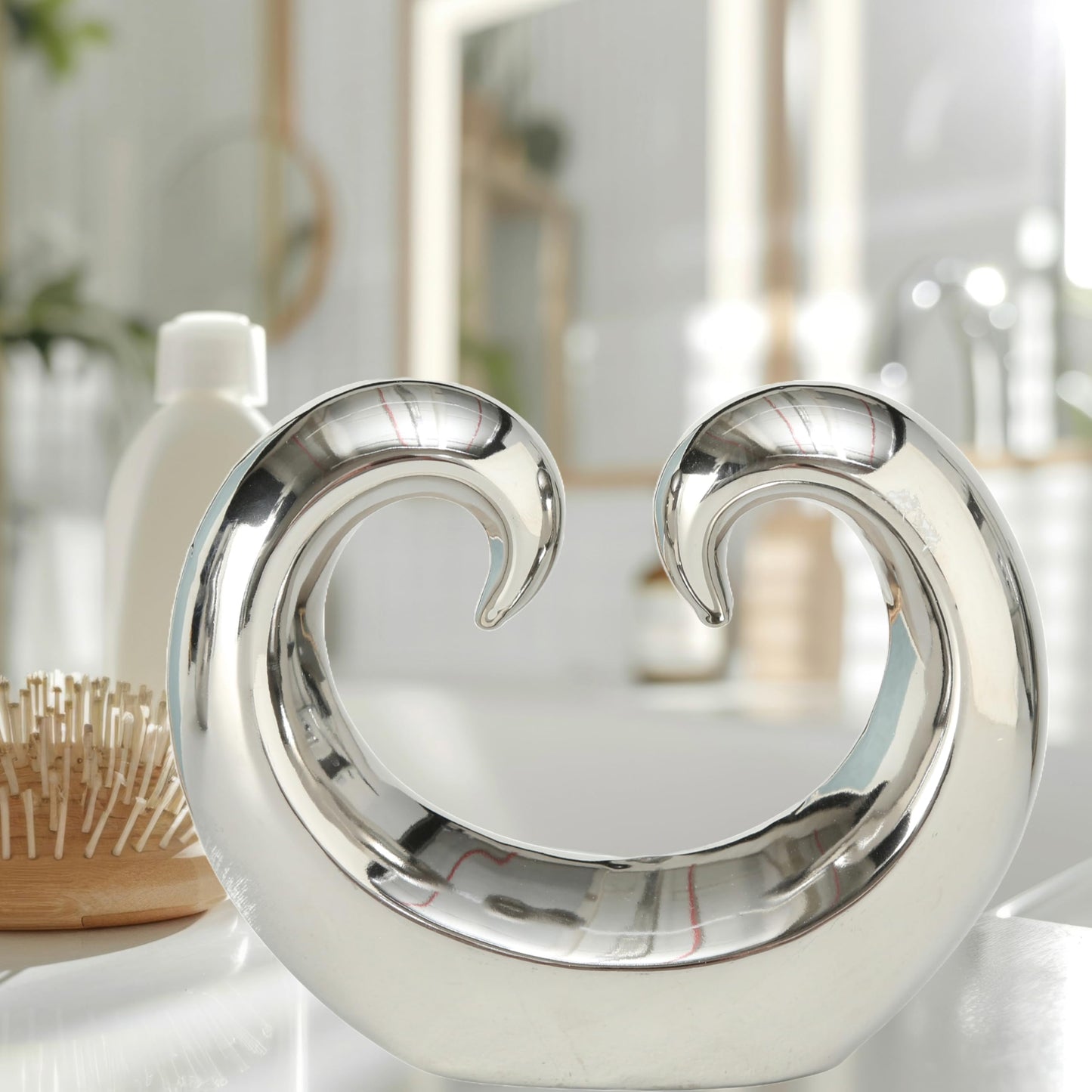 WHW Whole House Worlds Eternity Double Curled Wave Sculpture, Set of 2, Modern Art, Silver Titanium Glazed Ceramic Stoneware, 8 1/4 Inches, Abstract Table Top Accent