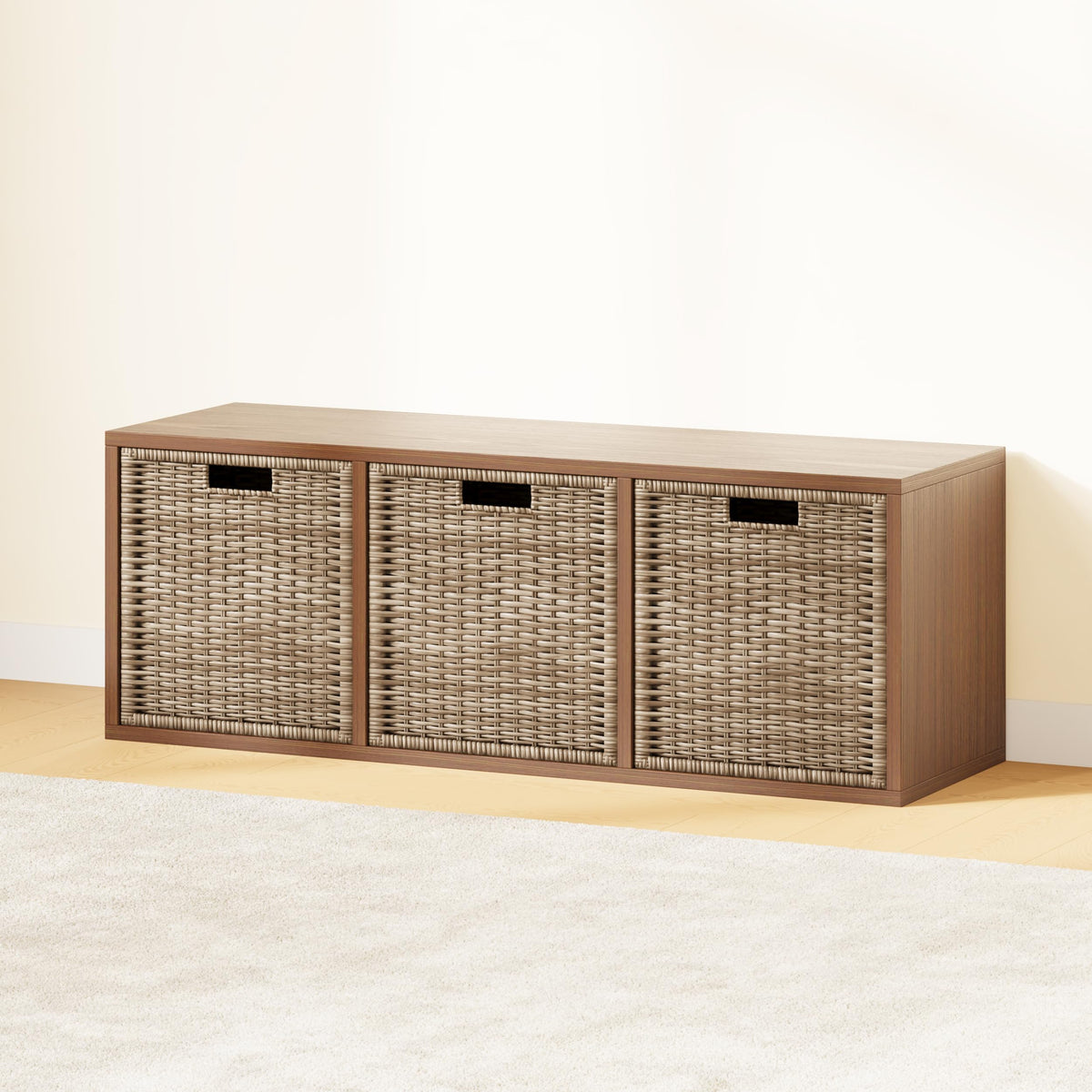 IOTXY DIY Modular Cube Bookcase - CubeXY Customizable Stackable Expandable Basic Shelving Units, 3-Cube Wooden Open Bookshelf for Fabric Storage Bin Organizer, Walnut