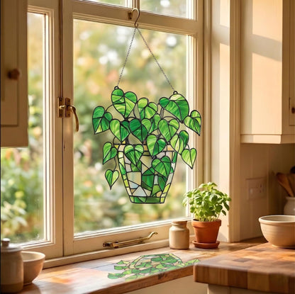 Pothos Monstera Pot Handmade Resin Suncatchers, Artisan Boho Sun Catcher Stained Glass Effect Window Hanging Garden Decor, Gift for Mother's Day Mom Grandma Wife Women