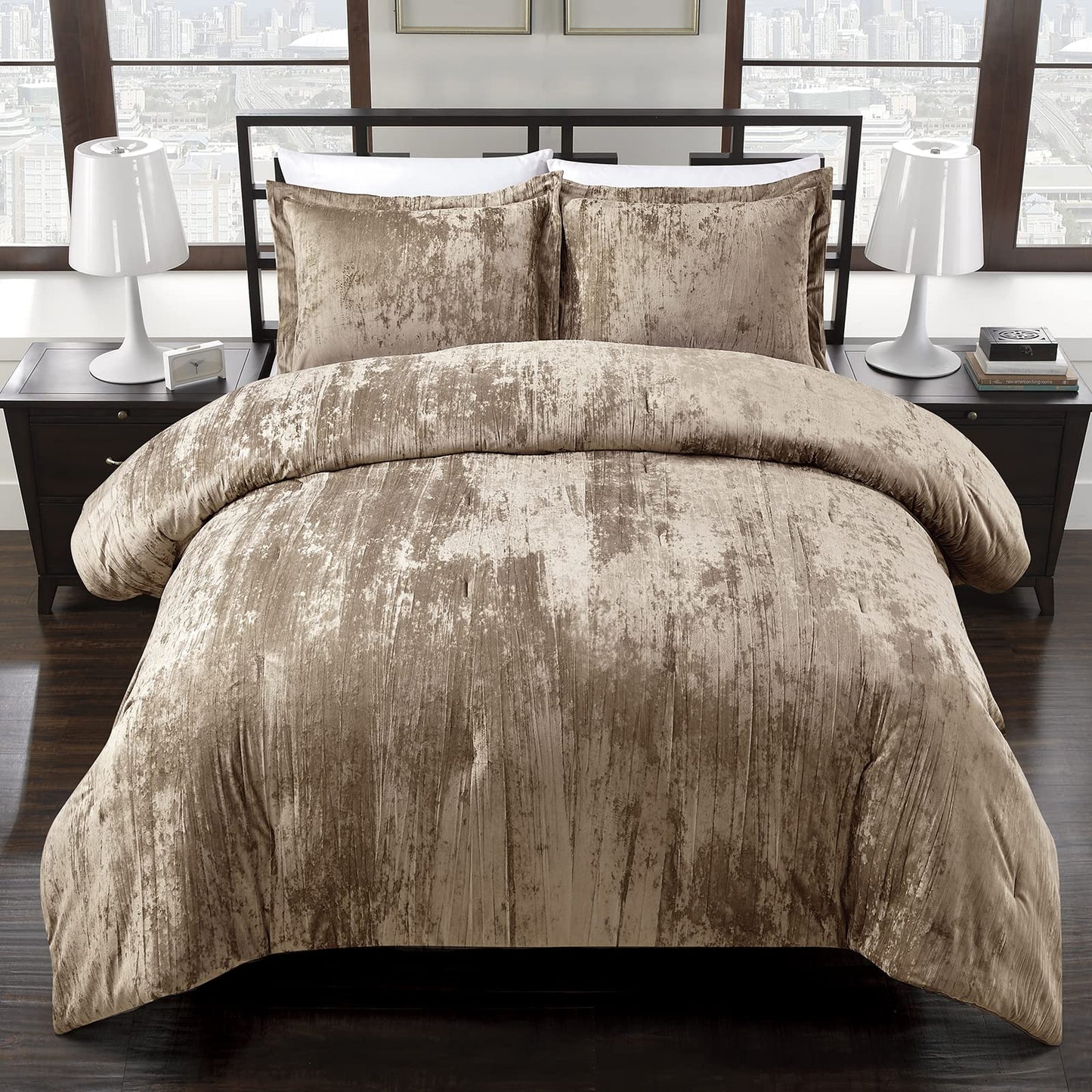 Fredsure Crinkle Velvet Comforter Set, 3 Pieces Khaki Queen, Crinkle Velvet Face and Brushed Microfiber Reverse, with Light Poly Fill