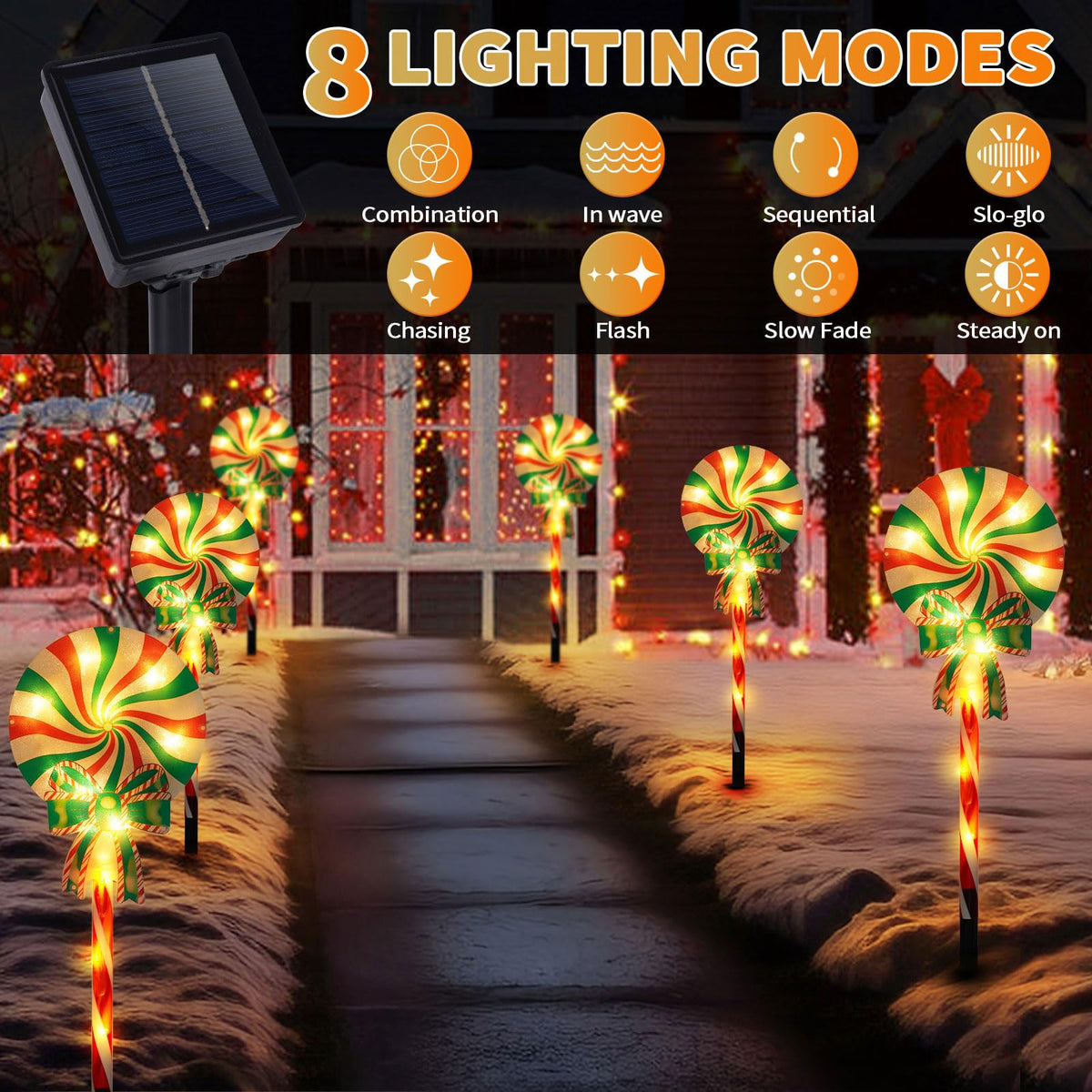 Set of 3 Solar Christmas Lights Decorations with 8 Lighting Modes, Solar Lollipop Pathway Stakes Lights, Outdoor Christmas Decor for Garden, Yard, Porch (Xmas Lollipop)