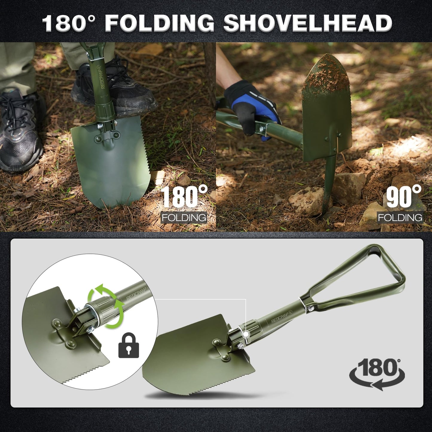 REDCAMP 23" Military Folding Camping Shovel w/Cover,Portable Shovel with High Manganese Steel, Tactical Entrenching Tool Tri-fold Handle Shovel for Camping Hiking Sand Mud Snow Beach, Green 2.5Lbs