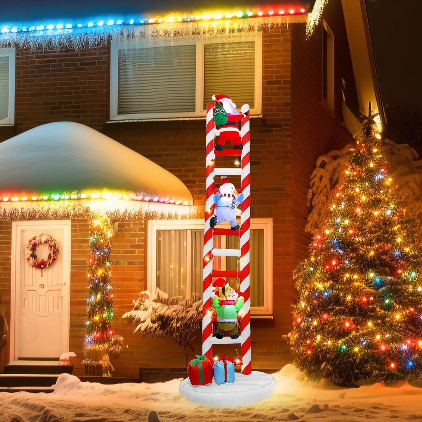 Joliyoou 10FT Christmas Inflatable Decorations, Giant Lighted Ladder Blowups Climbed with Reindeer, Santa, Snowman, C7 String Lights for Xmas Winter Holiday Roofs Trees Balconies Decor