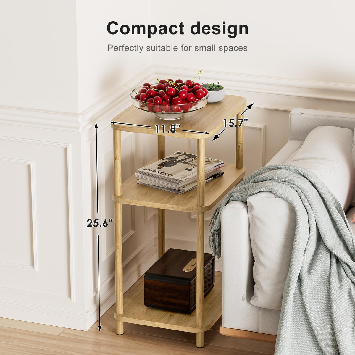 SANLUCE Bamboo End Table, Side Table for Small Space with Storage Shelf, Small Table Stand, Narrow Wooden Bedside Table Nightstand, Toolless Assembly, for Nursery, Living Room, Bedroom, Natural