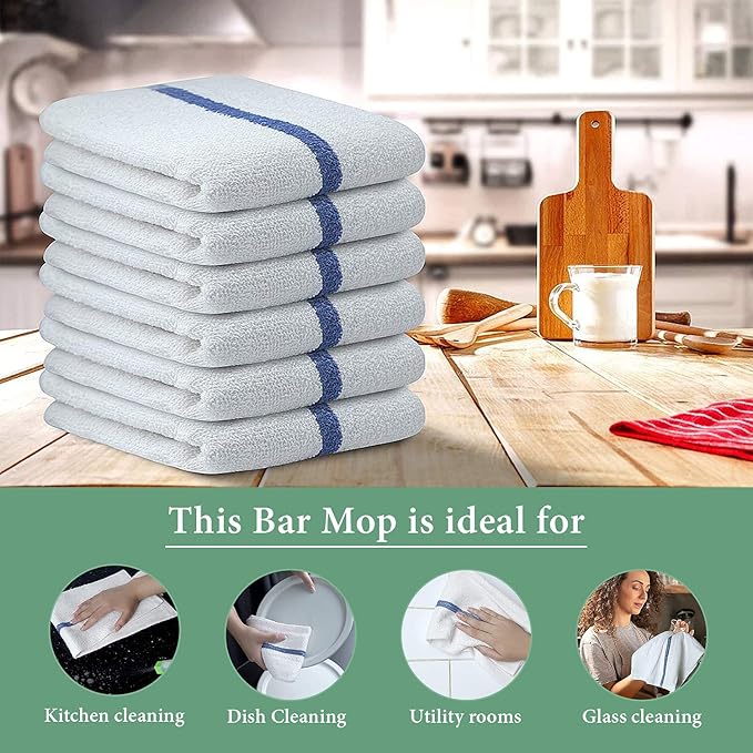 Bar Mop Blue Stripe 16x19 4 lbs Pack of 24, 100% Cotton Double Stitched Route