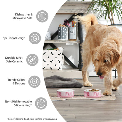 Bone Dry Dog Bone Ceramic Pet Bowl & Canister, Small, 4.25x2, Gray, 2 Count