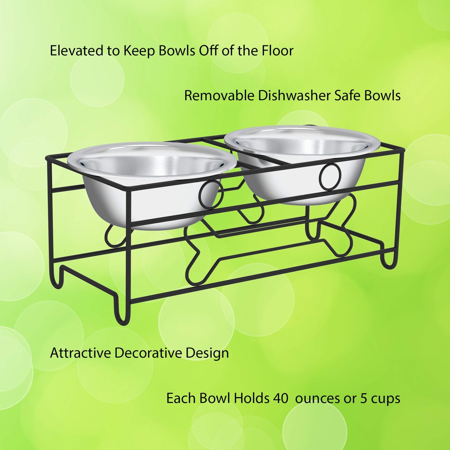 PETMAKER Elevated Dog and Cat Bowls - Decorative 6.5-Inch-Tall Raised Stand with 2 Stainless-Steel Food and Water Bowls - Hold 40oz Each by (Black)