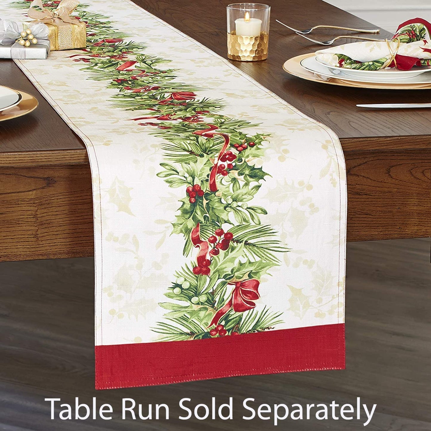 Newbridge Christmas Holly Ribbon Traditions Bordered 70 Inch Long Table Runner, Boughs of Holly and Berry Ribbon Garland Dining Table Runner for Holiday Party