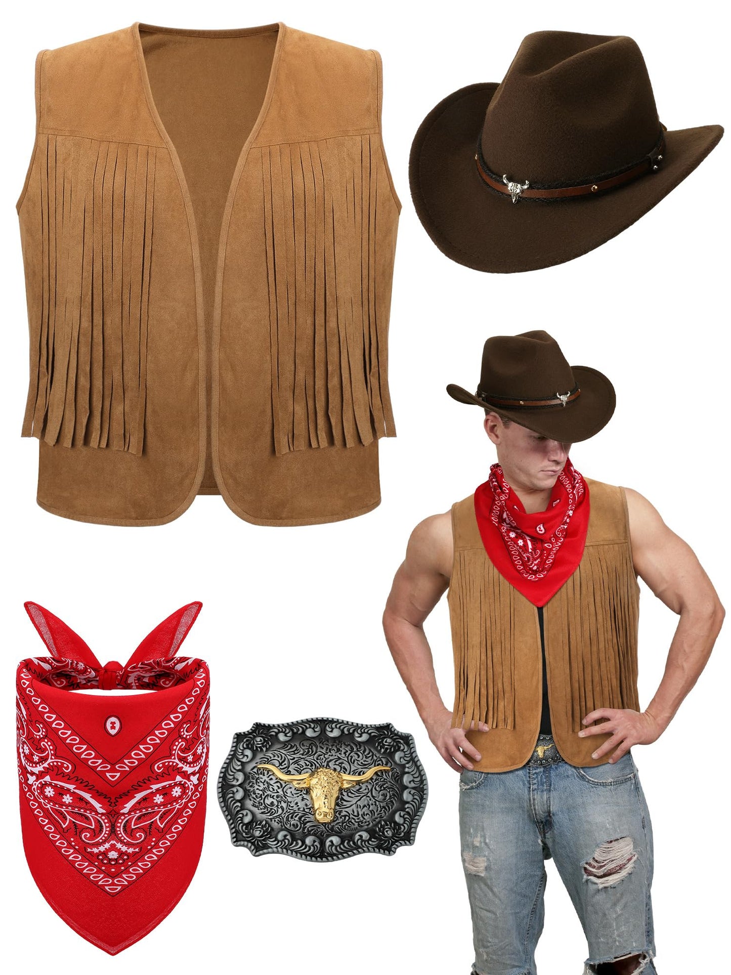 Toulite 4 Pcs Western Outfits for Men Cowboy Tassel Vest Hat Belt Buckle Paisley Bandana for Halloween Cosplay (Brown, Coffee, Red,Large)