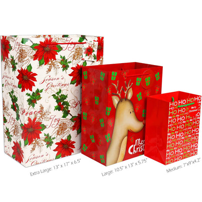 FZOPO Christmas Gift Bags Bulk Set Includes 4 Extra Large 4 Large 4 Medium with Handles Christmas Print Gift Bags Assorted Sizes for Wrapping Holiday Gifts (Variety Pack)
