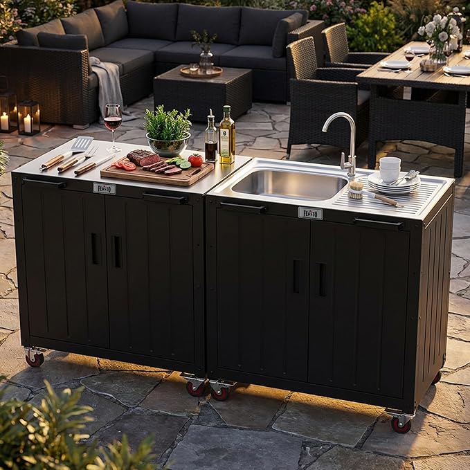 Outdoor Kitchen Island with Stainless Steel Sink and Storage Cabinet, 35-Inch BBQ Prep Station with Faucet & Lockable Wheels for Patio, Backyard, and Outdoor Cooking, Black & Silver