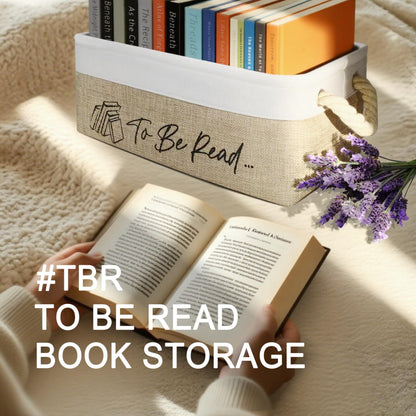 PerYoLyf Book Lovers Gifts TBR Book Storage Basket with Back Side Pocket to Be Read List Storage Bin Reading Accessories for Club Members & Librarians Bookish Gifts (White and Brown)