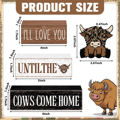 Marsui 4 Pcs Highland Cow Table Decorations Cow Wooden Signs Rustic Cow Tiered Tray Decor Western Tabletop Centerpieces Farmhouse Distressed Highland Cow Decor for Home Desk Room Kitchen Shelf Decor