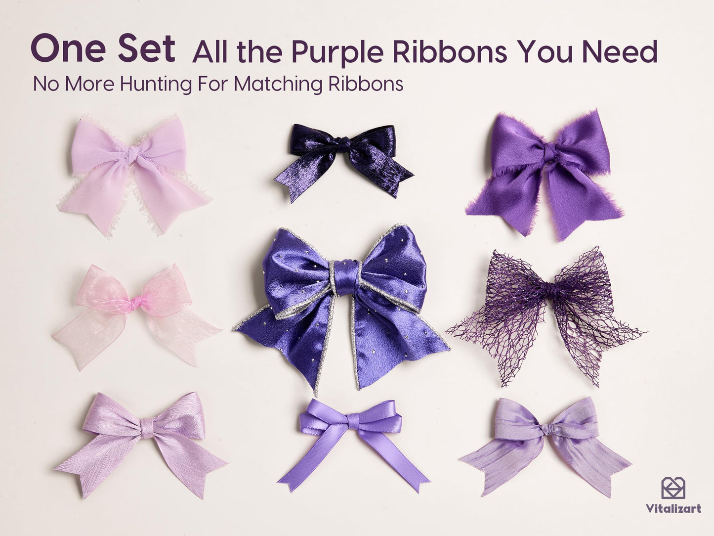 Vitalizart Luxury Purple Ribbon 40 Yards, 9 Textures & Sizes Chiffon, Satin, Organza, Grosgrain Gift-Wrapping, Crafts, Wedding Bouquets, Christmas & Holiday Bows