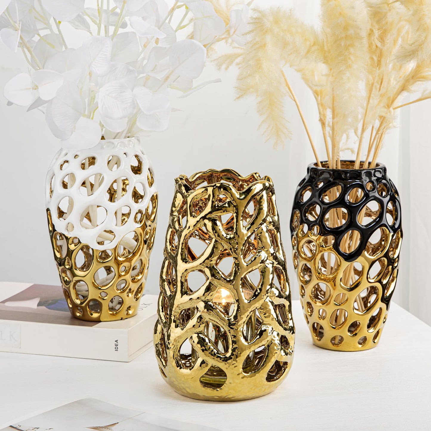 White and Gold Vases for Centerpieces, Openwork Ceramic Flower Vase 8.7" Hollowed Decorative Pampas Grass Vase Gold Table Decor for Home Living Room Dinner Room Bedroom Office Wedding