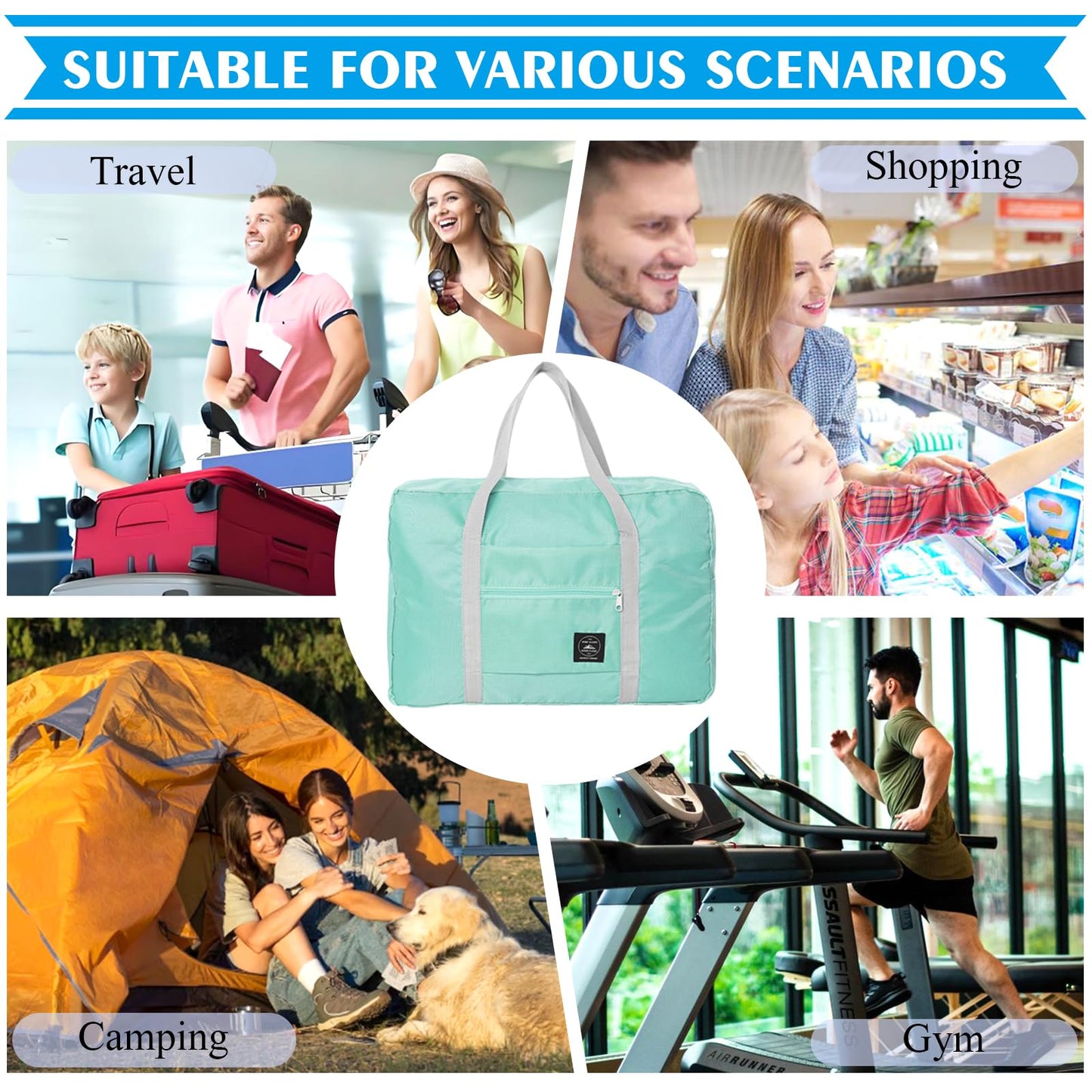 Foldable Travel Duffel Bag 2PCS Tote Carry on Luggage Bag Spirit Airlines Personal Item Sports Gym Bag Water Resistant Weekender Overnight Bags for Women and Men (Green+Pink)