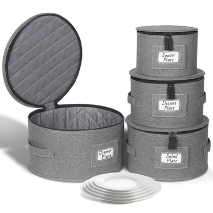 Kukikan China Storage Containers, 4 Pack Hard Shell Moving Boxes, Dish Storage Containers with Felt Dividers for Charger Plates Dinnerware, Stackable Cases for 12 Place Setting Up to 11.4" Dia.