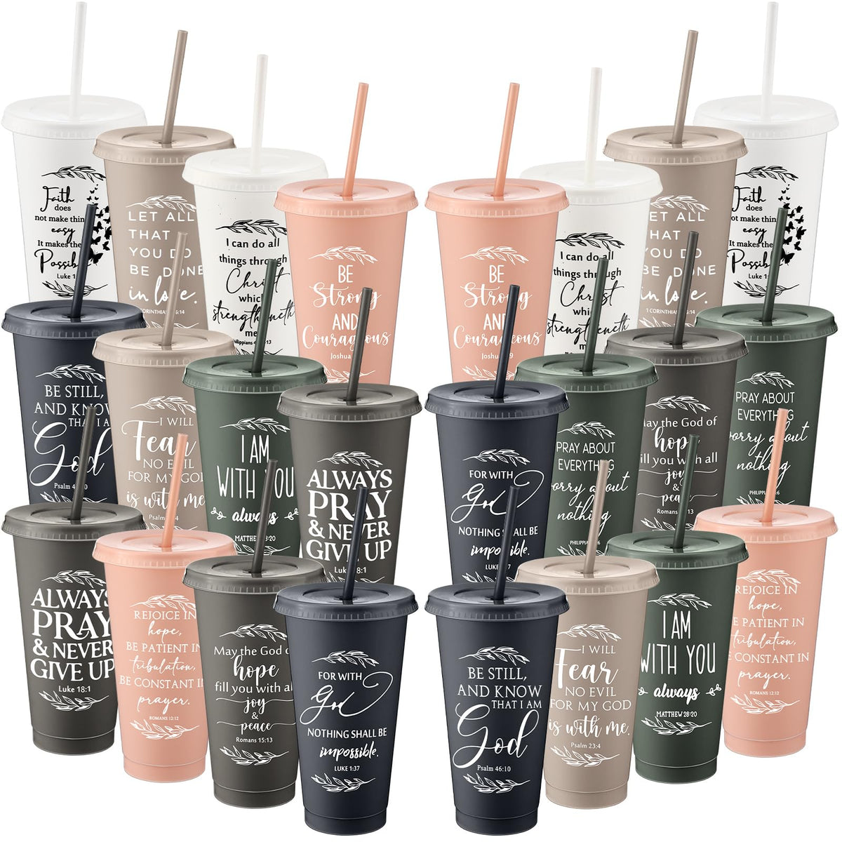 Havawish 24 Pcs Christian Tumbler Gifts Bulk Religious Inspirational 24 oz Drinking Jesus Cup with Lid Straw Bible Verse Plastic Cup for Church Mother Father First Communion Party (Vivid Color)