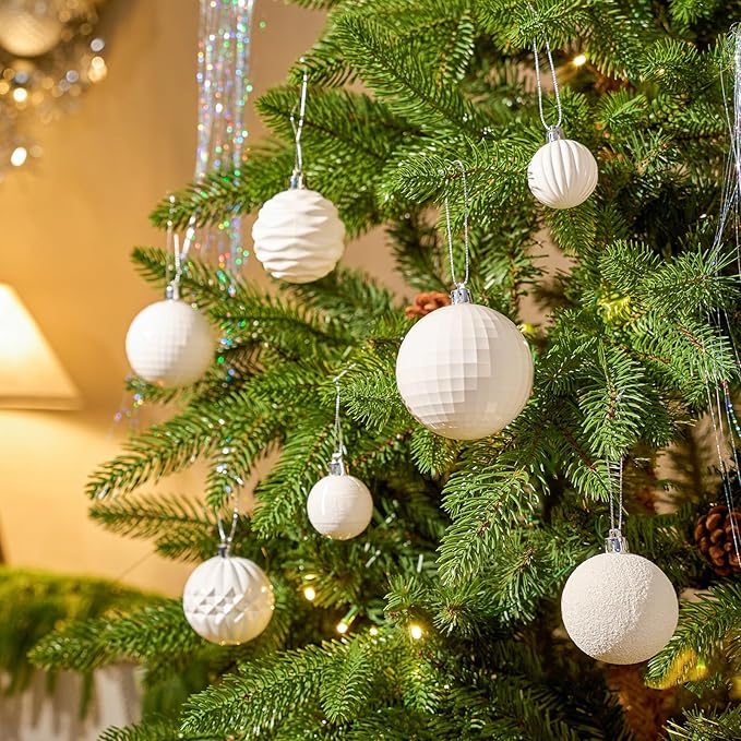 JORNOY Christmas Tree Ornaments Set, 47 Pack Assorted Shatterproof Hanging Balls Decorations, Plastic Bulbs Bulk with Lanyard for Home Holiday Party Decor, 3-Sizes (Pure White)