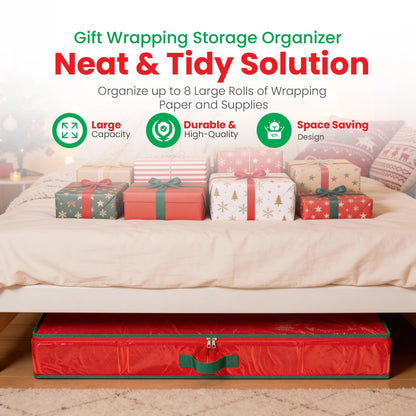 Handy Laundry Gift Wrap Storage Organizer, Easily organize Wrapping Paper, Ribbons, Bows, Scissors, Fits 18-24 Standard Rolls, Keeps Gift Supplies in Perfect Condition & Ready for Next Season, (Red)