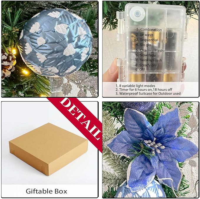 WANNA-CUL Pre-Lit 24 Inch Christmas Wreath for Front Door Silver Blue Lighted Christmas Door Wreath Decoration with Ball Ornaments, Poinsettia Flowers,Pine Cones, Battery Operated 30 LED Lights