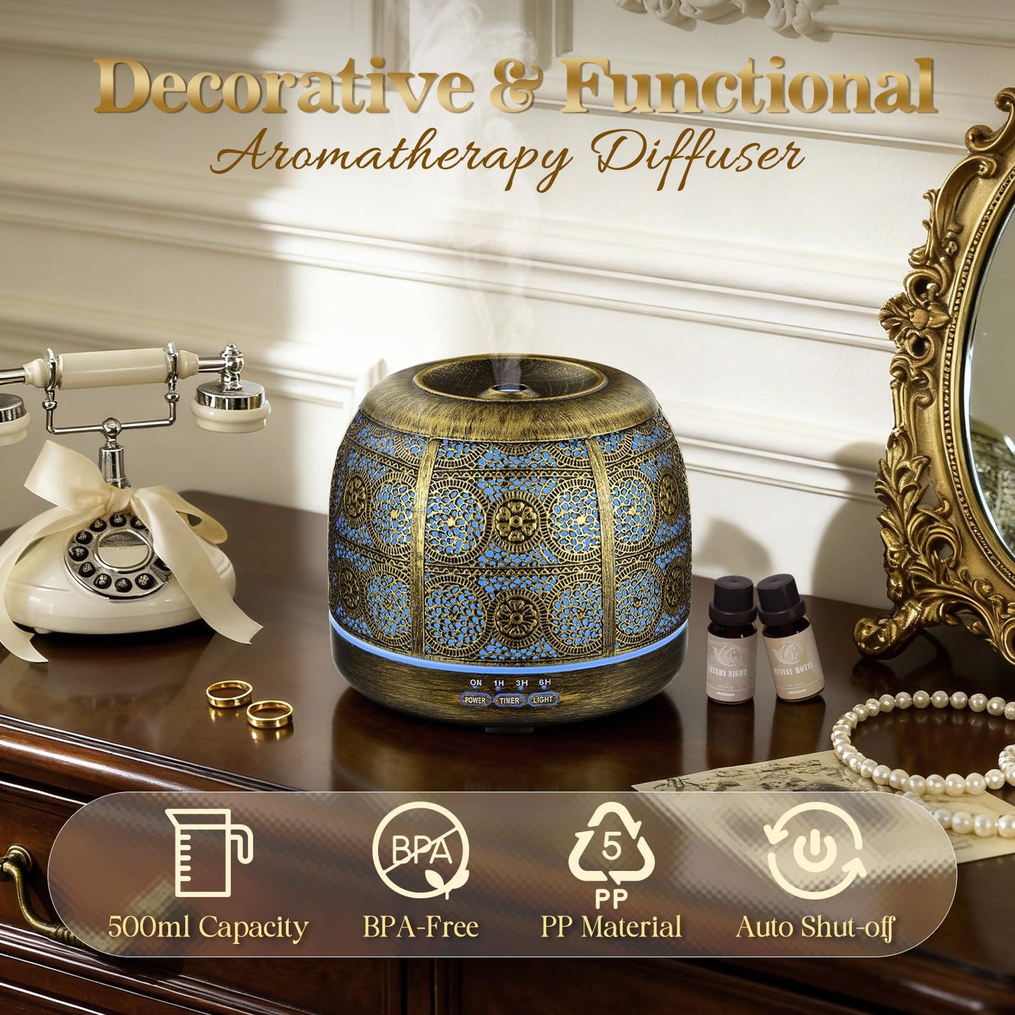 ARVIDSSON Essential Oil Diffuser 500ml, Aromatherapy Diffuser for Home, Ultrasonic Diffusers for Essential Oils, Metal Oil Diffuser with 7 Color LED Lights, Mist Timer and Auto Shut-Off Function