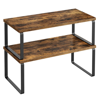 SONGMICS Cabinet Organizer Shelf, Set of 2 Kitchen Counter Shelves, Kitchen Storage, Spice Rack, Stackable, Expandable, Metal and Engineered Wood, Ink Black and Natural Beige UKCS02NB